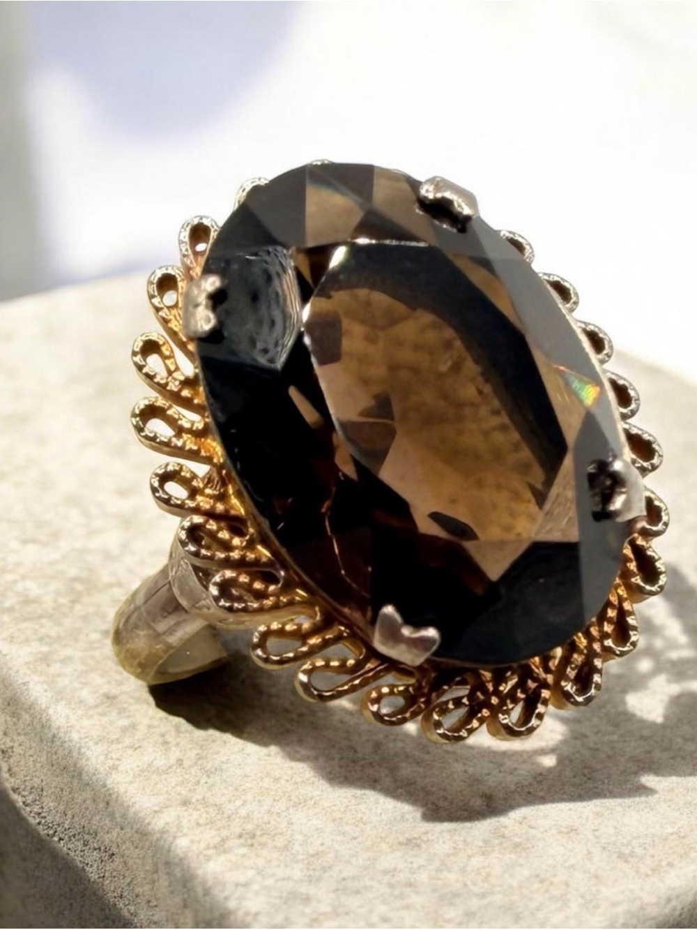 Vintage 1960s gold-tone adjustable smokey quartz cocktail ring